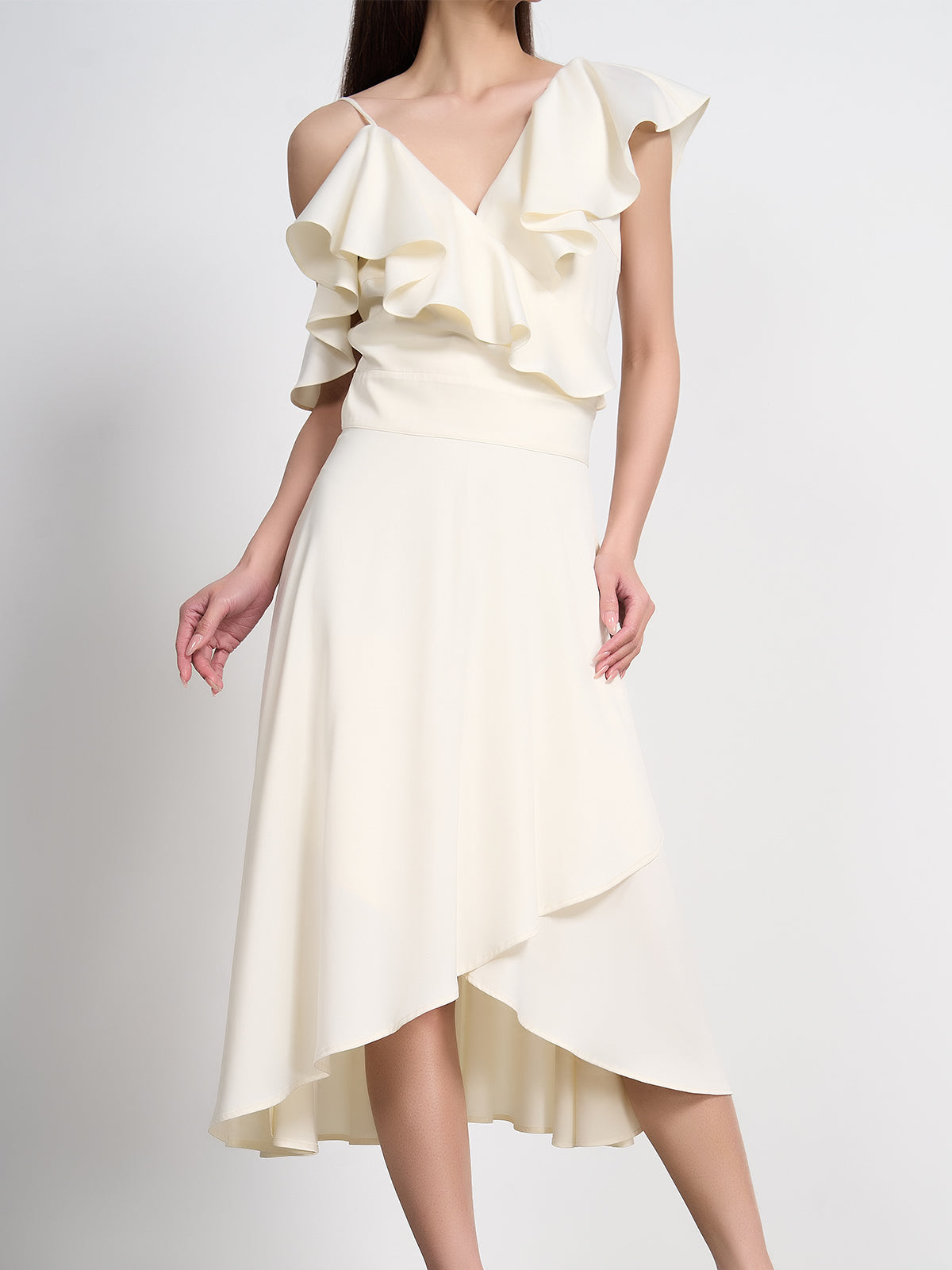 One-Shoulder Elegant Ruffle Midi Dress